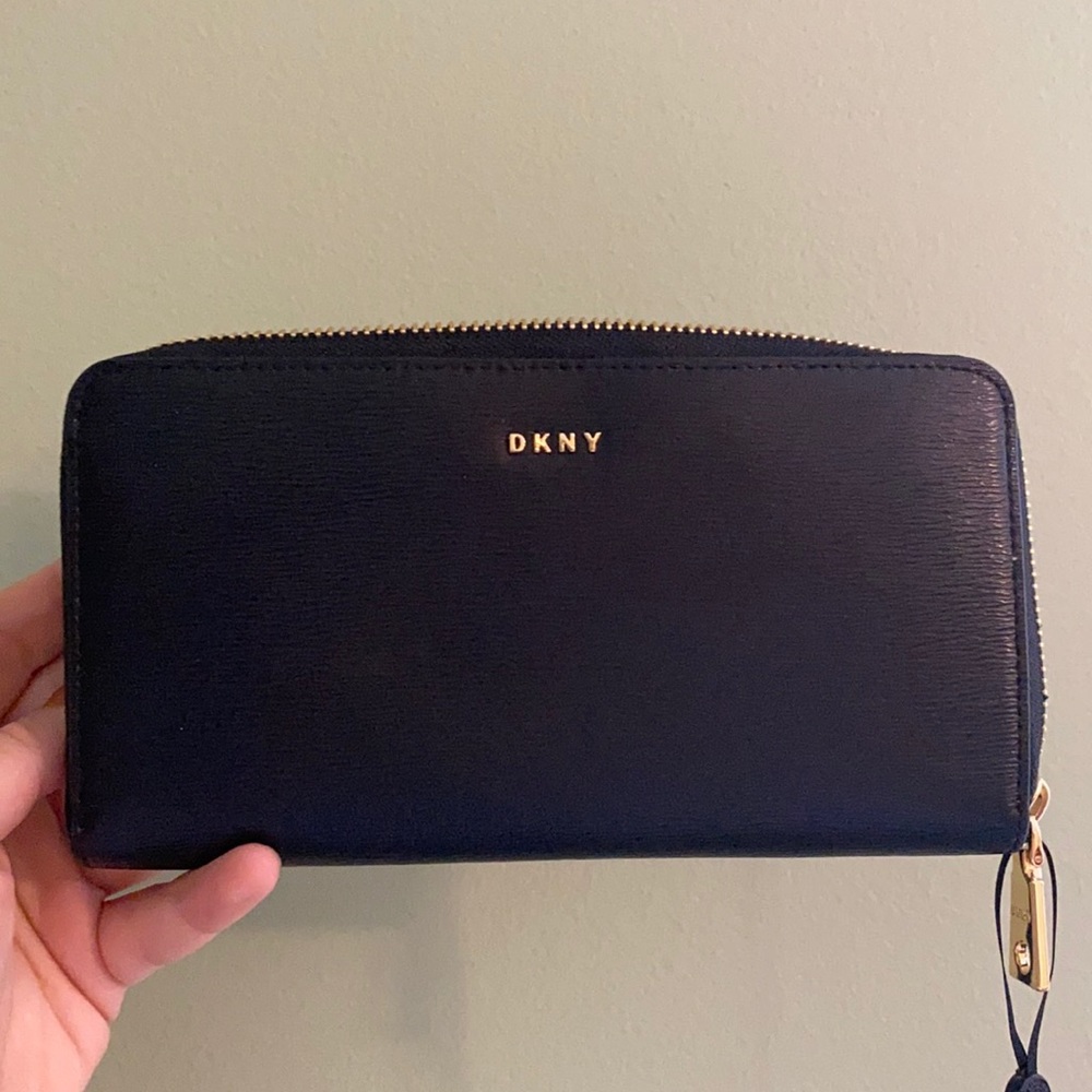 3/$60 NEW DKNY black leather wallet with gold details, original packaging